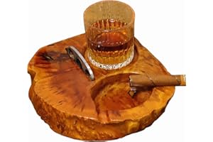 WOHO Wooden Cigar Ashtray with Whiskey Glass Tray and Cigar Cutter Holder, Cigar Accessories Gift for Men and Women, Cigar Holder with Whiskey Glass Tray for Outdoors Patio