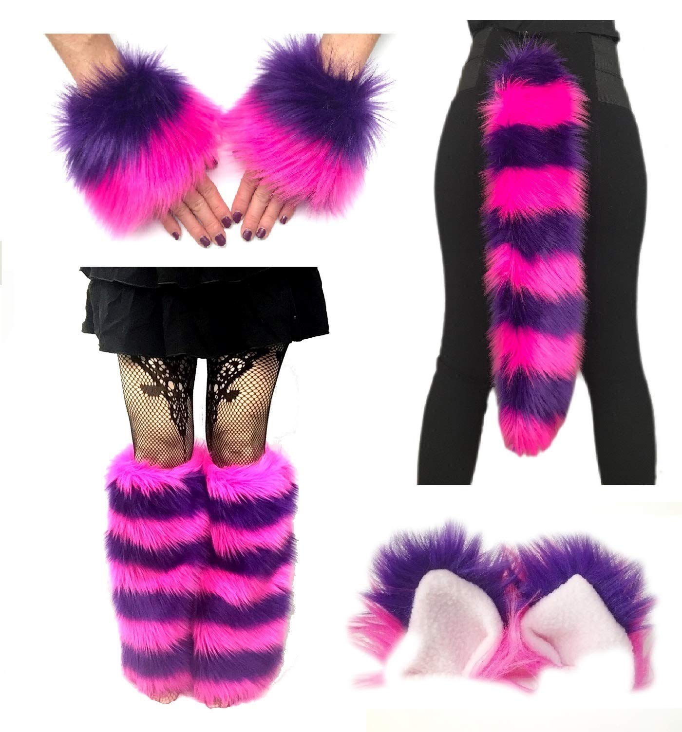 Photo 1 of (tail /ears only_) Bianna Cheshire Cat Costume Combo, Hot Pink and Purple Set, Faux Fur Ears and Tail Wrist Cuffs Leg Warmers (Pink Purple Whole Set Adult S/M)