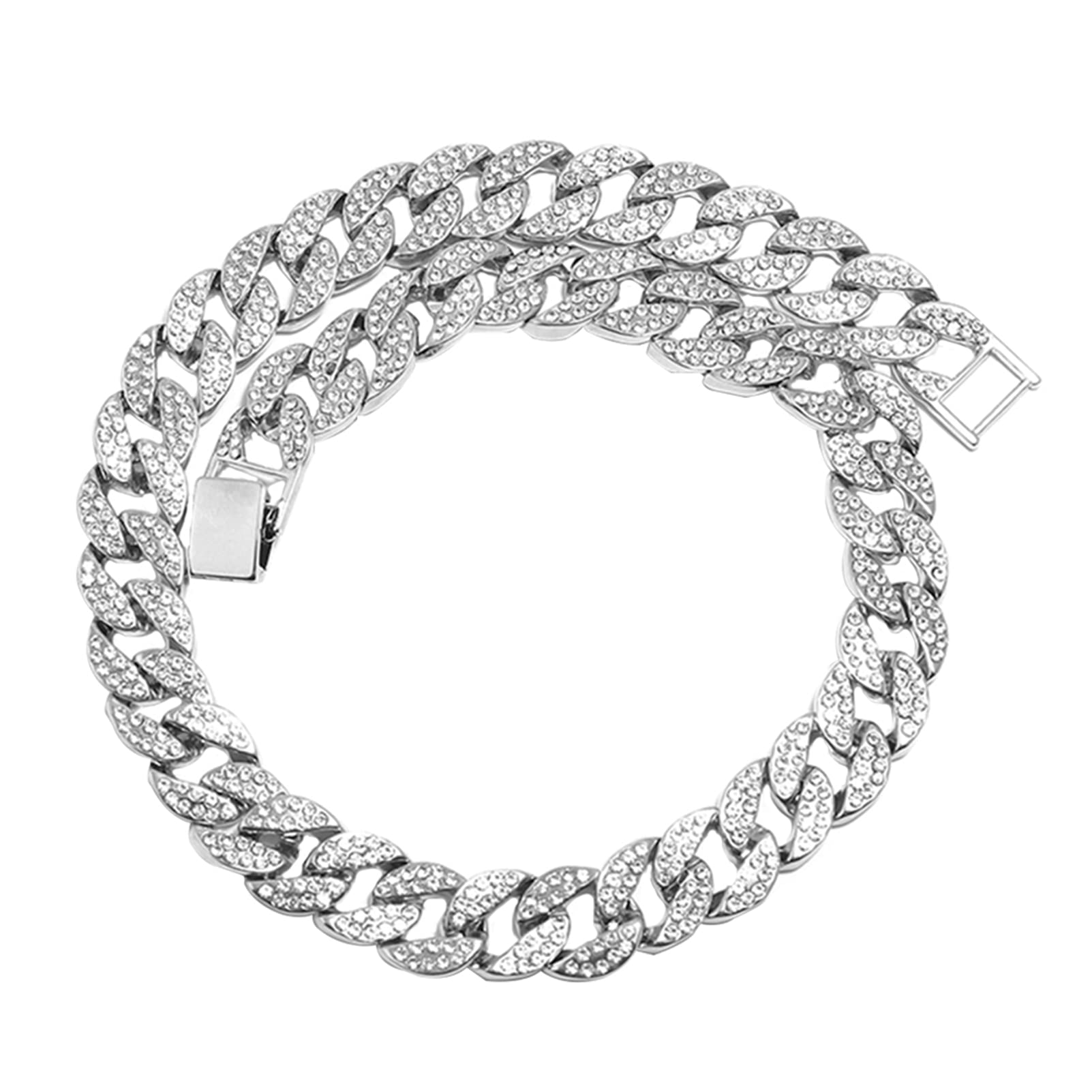 Cuban Link Chain Ice Out Chain Bling Rhinestones Necklace Hip- hop Style Jewelry Stylish Neck Chain 90s Alloy Jewelry Accessory for Rapper, Silver Necklace