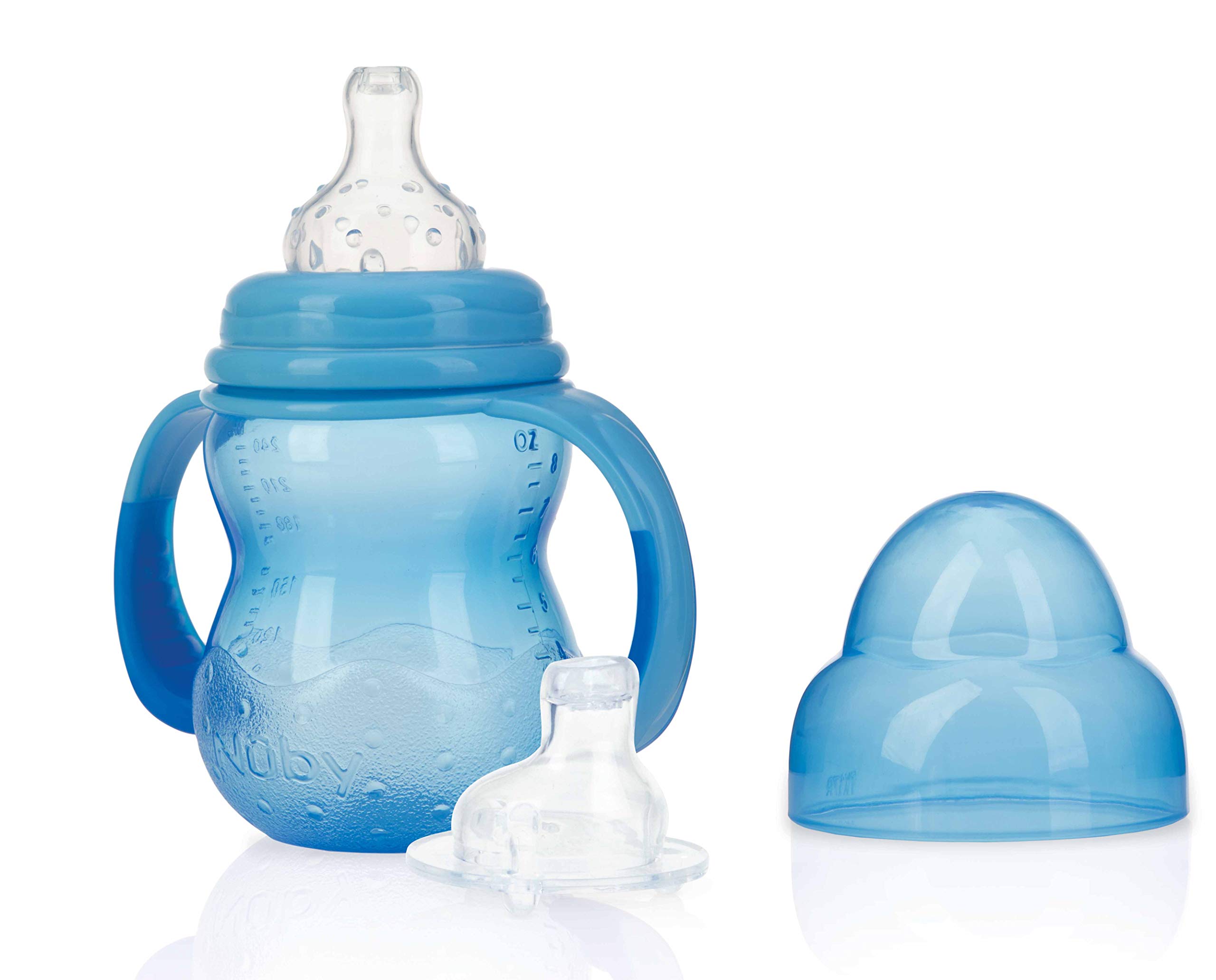 Nuby ID1107BLUE Nûby - Learn-to-Drink Cup with 2 Attachments - Non Drip Teat and No-Spill Drinking Spout - 240 ml - 0 M+, Blue