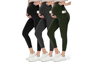 HLTPRO 1/3 Pack Maternity Leggings Over The Belly - Maternity Pants with Pockets for Women Pregnancy Workout Yoga Leggings
