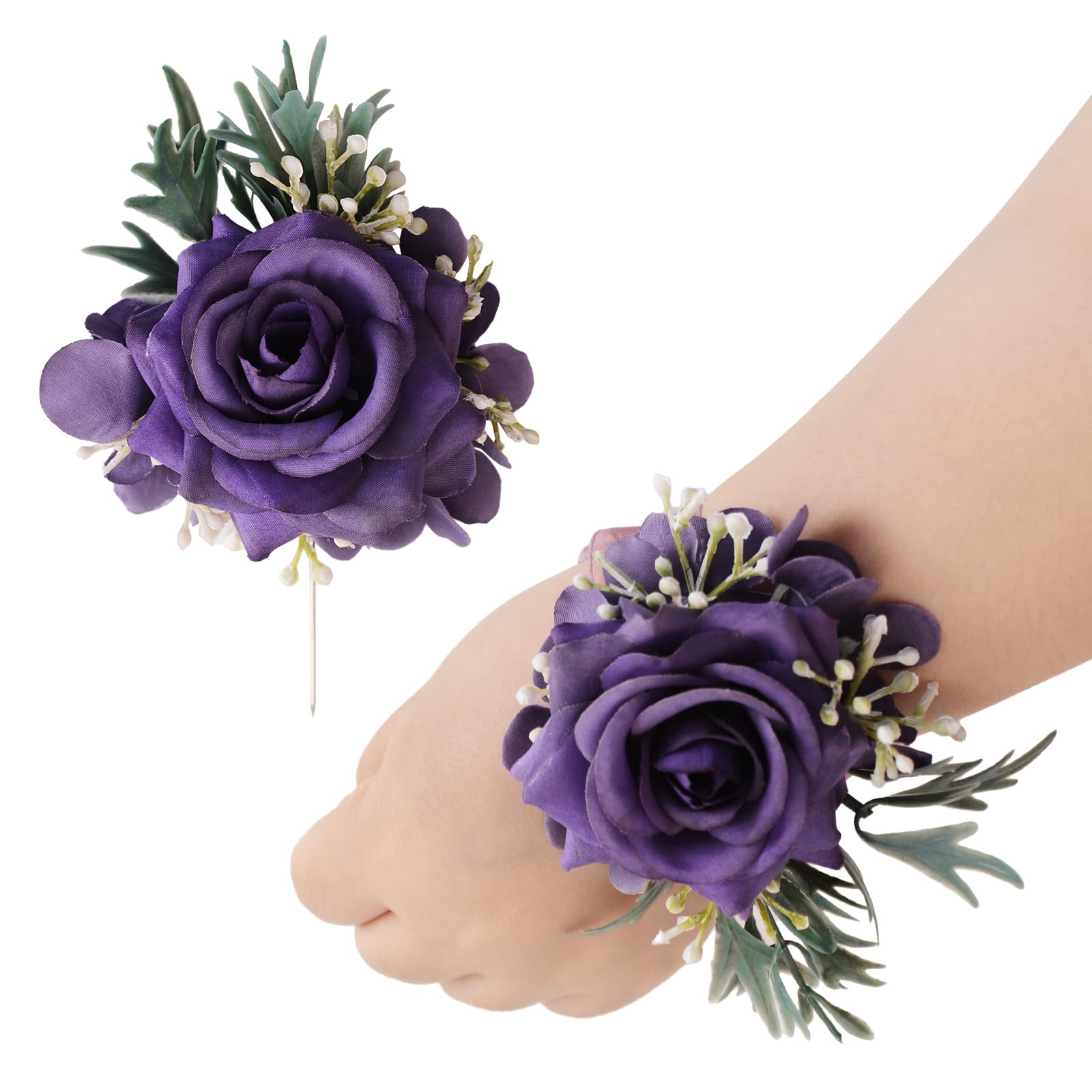 URROMA Wrist Corsage and Boutonniere Set, Artificial Purple Rose Hand Flower for Prom Wedding Wrist Corsage Wrist Flower for Graduation Party