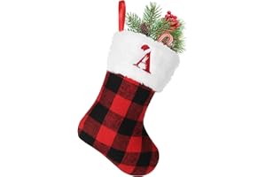 YOIRRAT 8inches Initial Monogram Christmas Stocking Red Buffalo Plaid Christmas Stocking with Embroidered Letter Personalized Mini Christmas Stocking White Plush Xmas Stocking for Xmas Tree Fireplace Decor(A)
