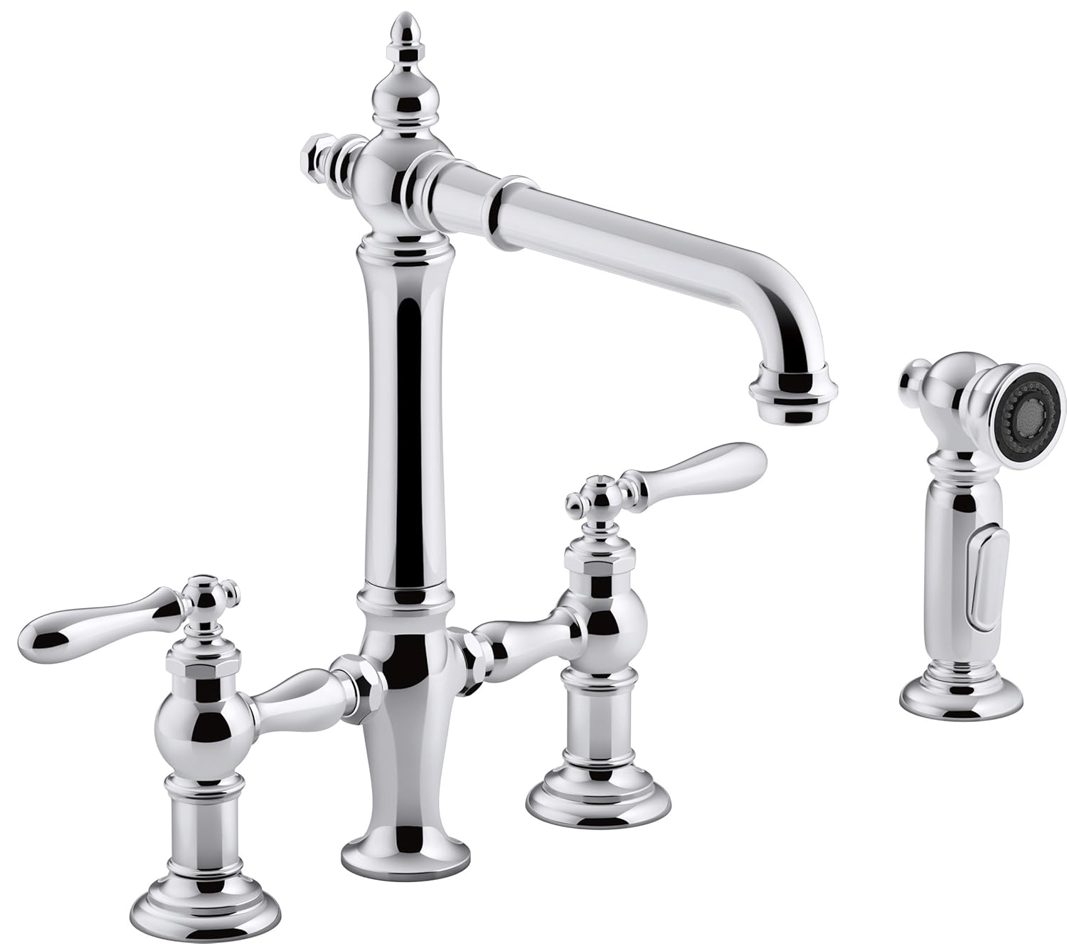 Kohler K-76519-4-CP Artifacts Deck-Mount Bridge Kitchen Sink Faucet with Lever Handles and sidespray Polished Chrome