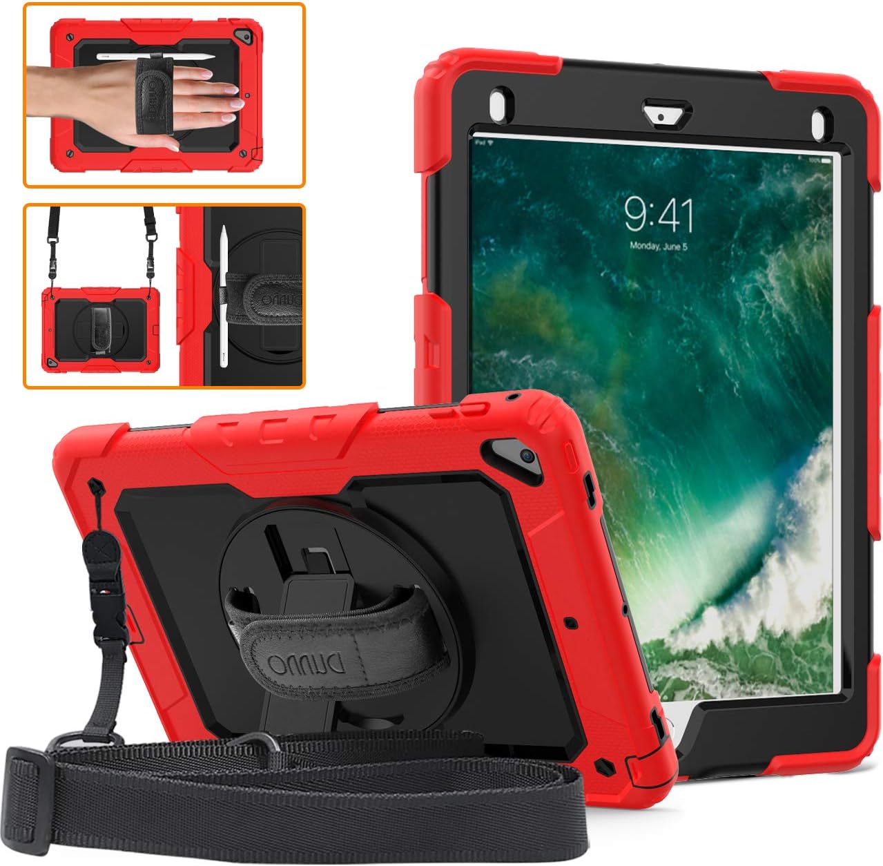 DUNNO iPad 9.7 2017/2018 case - Heavy Duty Protective Case with 360° Rotating Kickstand & Built-in Screen Protector Shockproof Design for Apple iPad 9.7 inch 2017/2018 (5th/6th Gen)（Red/Black）