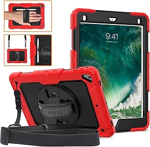 DUNNO iPad 9.7 2017/2018 case - Heavy Duty Protective Case with 360° Rotating Kickstand & Built-in Screen Protector Shockproof Design for Apple iPad 9.7 inch 2017/2018 (5th/6th Gen)（Red/Black）