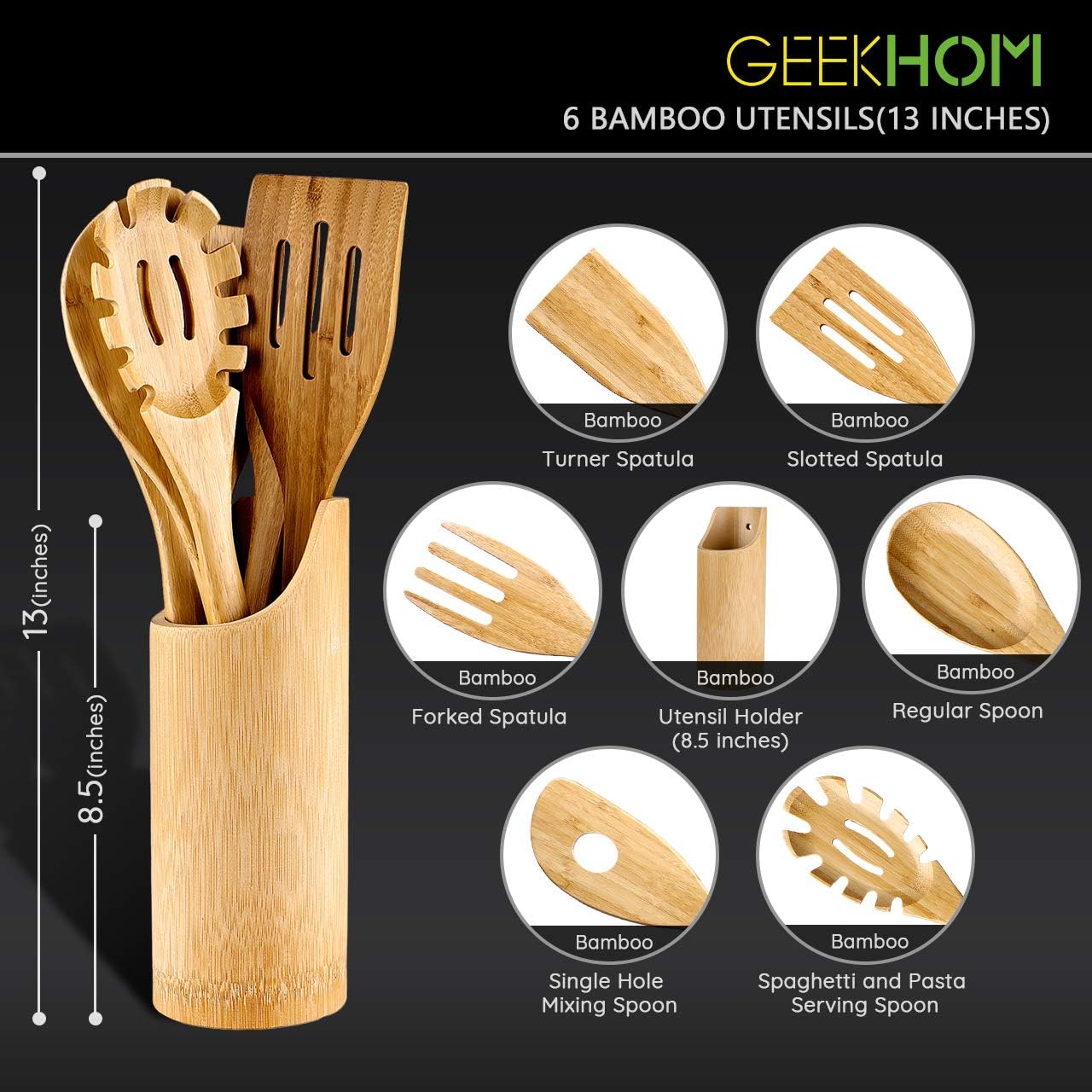 GEEKHOM Bamboo Cooking Utensils with Holder, 7 Pieces Extra Large Wooden Kitchen Utensils Set, Heat Resistant Wood Spoons Turners Spatulas for Nonstick Cookware, Kitchen Flippers for Pancake Egg Fish: Kitchen & Dining