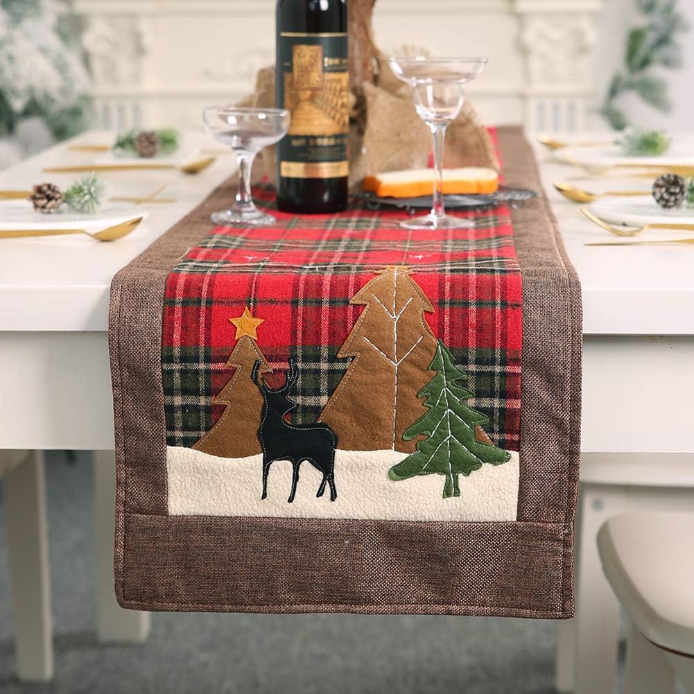 VLUNT HOME Christmas Tree Deer Table Runner Cotton Family European Christmas Holiday Table Linen Christmas Dinner Party Table Decoration Table Line Decoration Christmas Reindeer and Tree