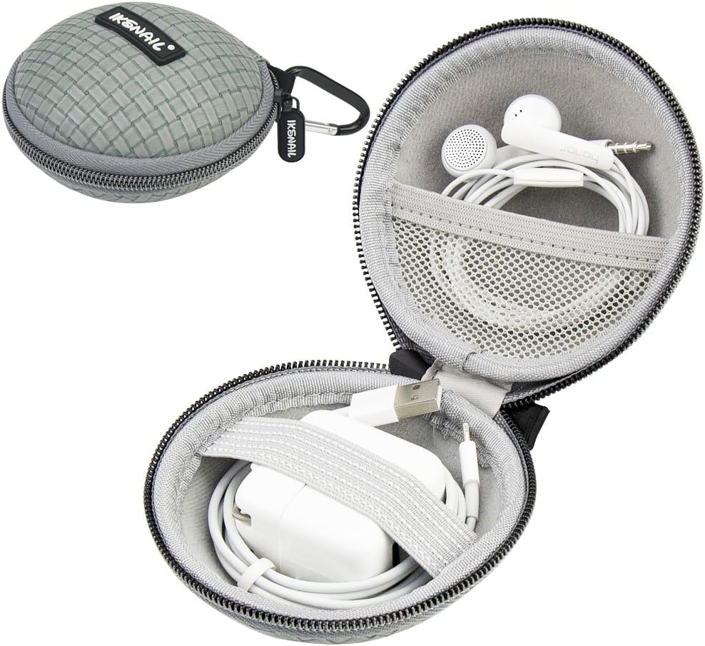 Iksnail Earbud Earphone Headphone Case with Carabiner Mini Storage Carrying Pouch Travel Organizer Bag for Wireless Bluetooth Headphone/MP3 Wired,Charger,USB Flash Drive,Cords/USB Cable Grey