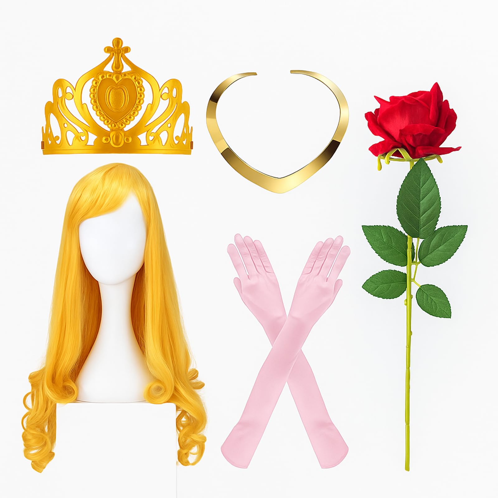 Photo 1 of Crowye 5 Pcs Halloween Sleeping Princess Costume Accessories Include Golden Long Curly Wig Necklace Gloves with Artificial Rose Pink Princess Costume for Women Girls Halloween Cosplay Party