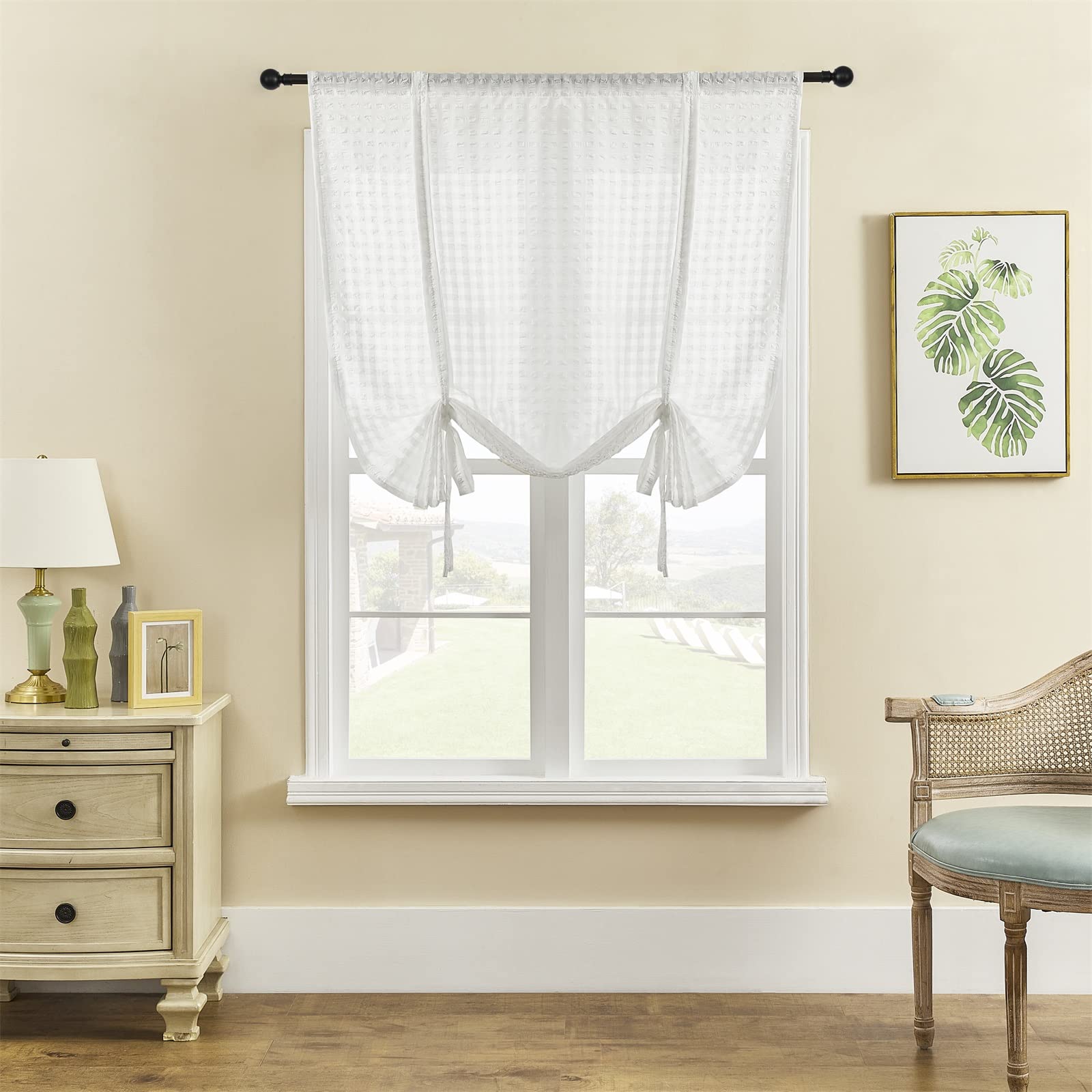 ele ELEOPTION Roman Tie-up Blind Curtain Sheer Seersucker Window Voile Tier Curtain for Bedroom, Living Room, Kitchen, Small Window (White, 117x137cm)