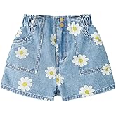 WDIRARA Girl's Floral Elastic High Waisted Jean Shorts Cute Straight Leg Denim Shorts