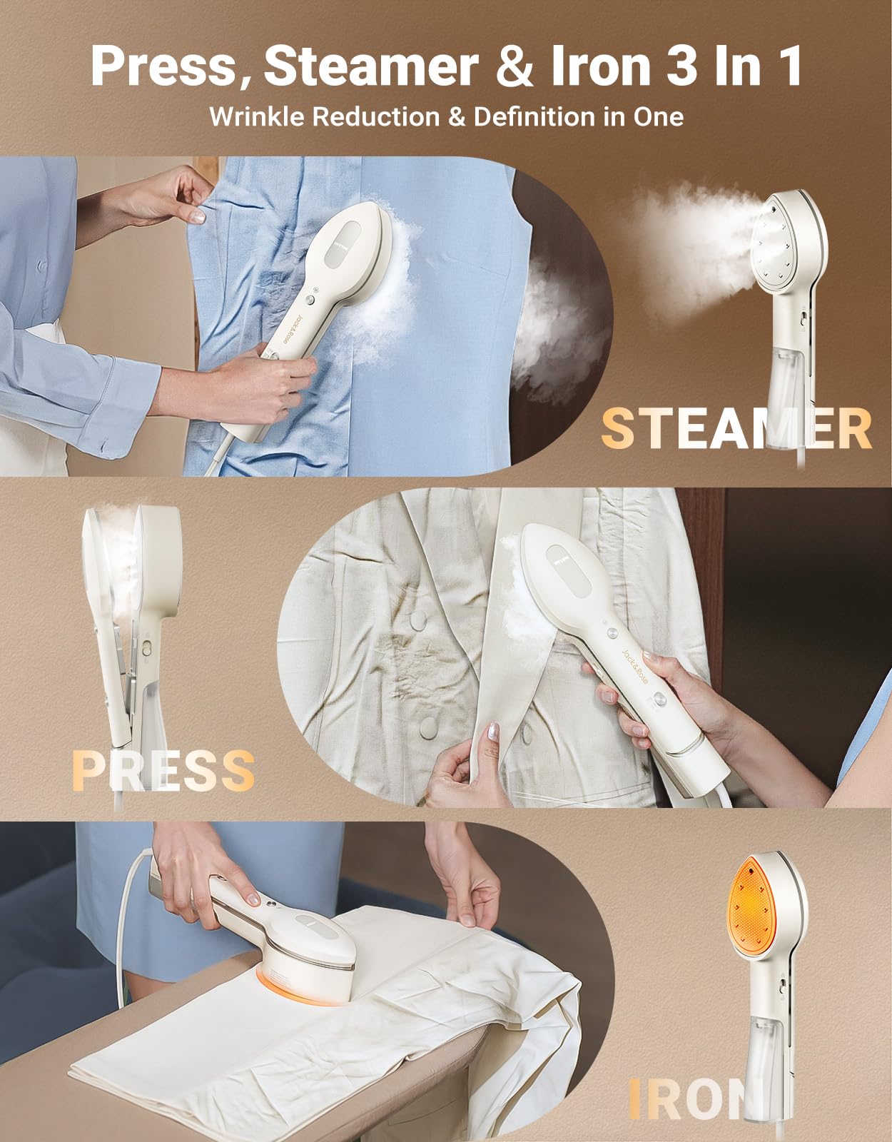 Jack ＆ Rose Press Iron Steamer for Clothes,Dual Voltage 110-220v,6+1 Fabric Settings,No Ironing Board Required, Wrinkle Reduction,Portable Travel Size Steamer for Global ＆ Europe Traveling