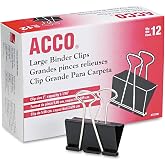 ACCO&reg; Binder Clips, Large, Black, 12/Box - Large - 1.06" Size Capacity - Reusable - 12 / Box - Black - Tempered Steel, Plastic