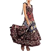 ABYOVRT Women Floral Maxi Dress Tie Shoulder Patchwork Smocked Flowy Boho Dress with Pockets Summer Vacation Sundress