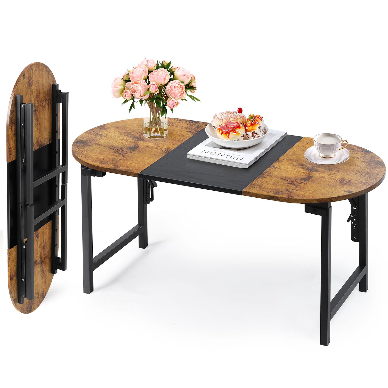 Photo 1 of Shinoske Folding Coffee Tables for Small Spaces,35.4" Small Coffee Tables for Living Room,Dorm,Apartment,Space Saving,Rustic Oval Cocktail Tea Table,Easy to Fold,Brown and Black