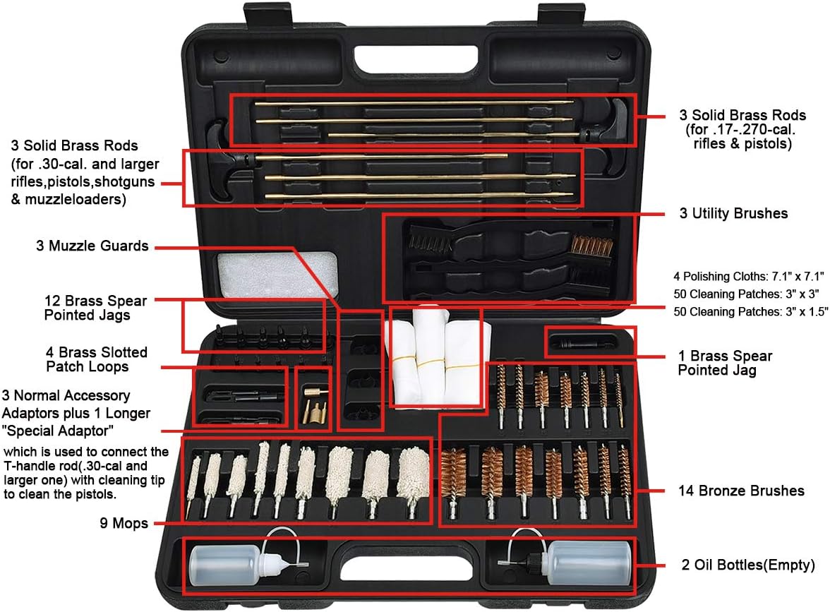 iunio Universal Gun Cleaning Kit for All Guns, Rifle, Shotgun, Handgun, Pistol, Hunting, Shooting, All Caliber, with Mat and Carrying Case (Black) : Sports & Outdoors