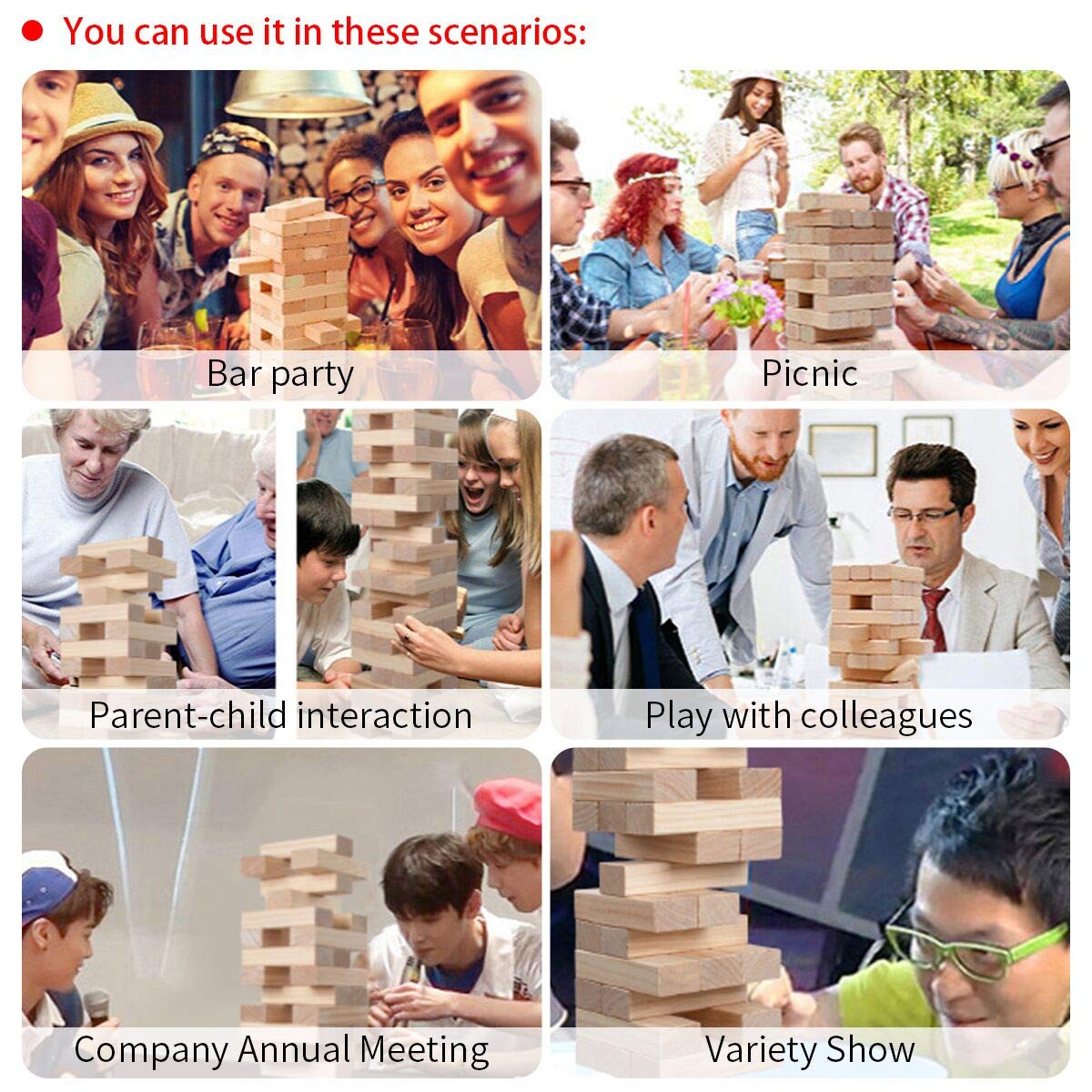 Nattork Giant Tumbling Tower (Stack from 1.77Ft to 4+ Ft), Wood Stacking Giant Blocks Game| Made from Premium Pine Wood| Ideal for Family, 54PCS