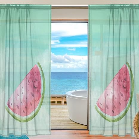Amazon 旅立の店 カーテン レースカーテン 水彩絵 スイカ柄 半遮光 おしゃれ 薄い 遮熱uvカット通気 ポリエステル ホーム装飾 間仕切り 洗濯可能 213cmx140cmx2枚 レースカーテン オンライン通販