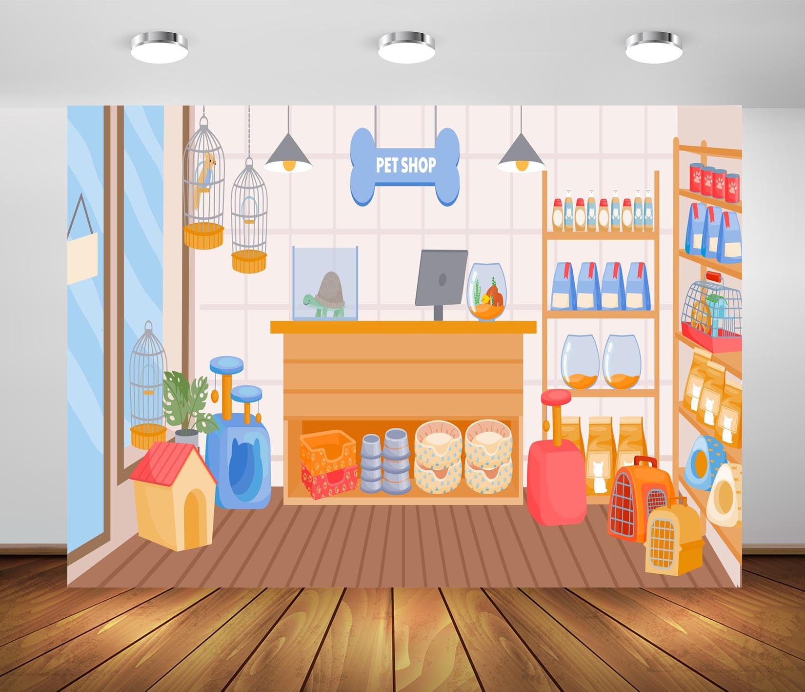 Photo 1 of BELECO 5x3ft Fabric Cartoon Pet Shop Backdrop Pet Store with Doghouse Birds Cage Fish Tank Animals Food Photography Background Pet Party Decorations Kids Children Portrait Photoshoot Studio Props