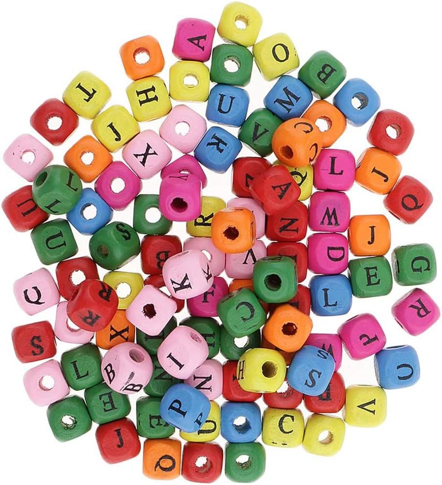 POFET 300pcs 10mm Wood Cube Letter Beads Square Wooden Beads for DIY Crafts Jewelry Making Kids Toys, Colors, 10 x 10 mm