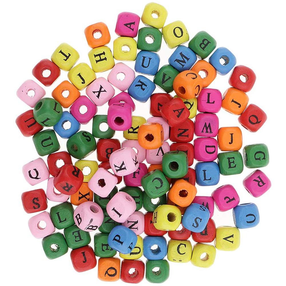 POFET 300pcs 10mm Wood Cube Letter Beads Square Wooden Beads for DIY Crafts Jewelry Making Kids Toys