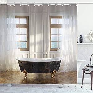 Ambesonne Antique Shower Curtain, Retro Bathtub in Modern Room Interior Hardwood Classics Space Design, Cloth Fabric Bathroom Decor Set with Hooks, 70" Long, Ivory White