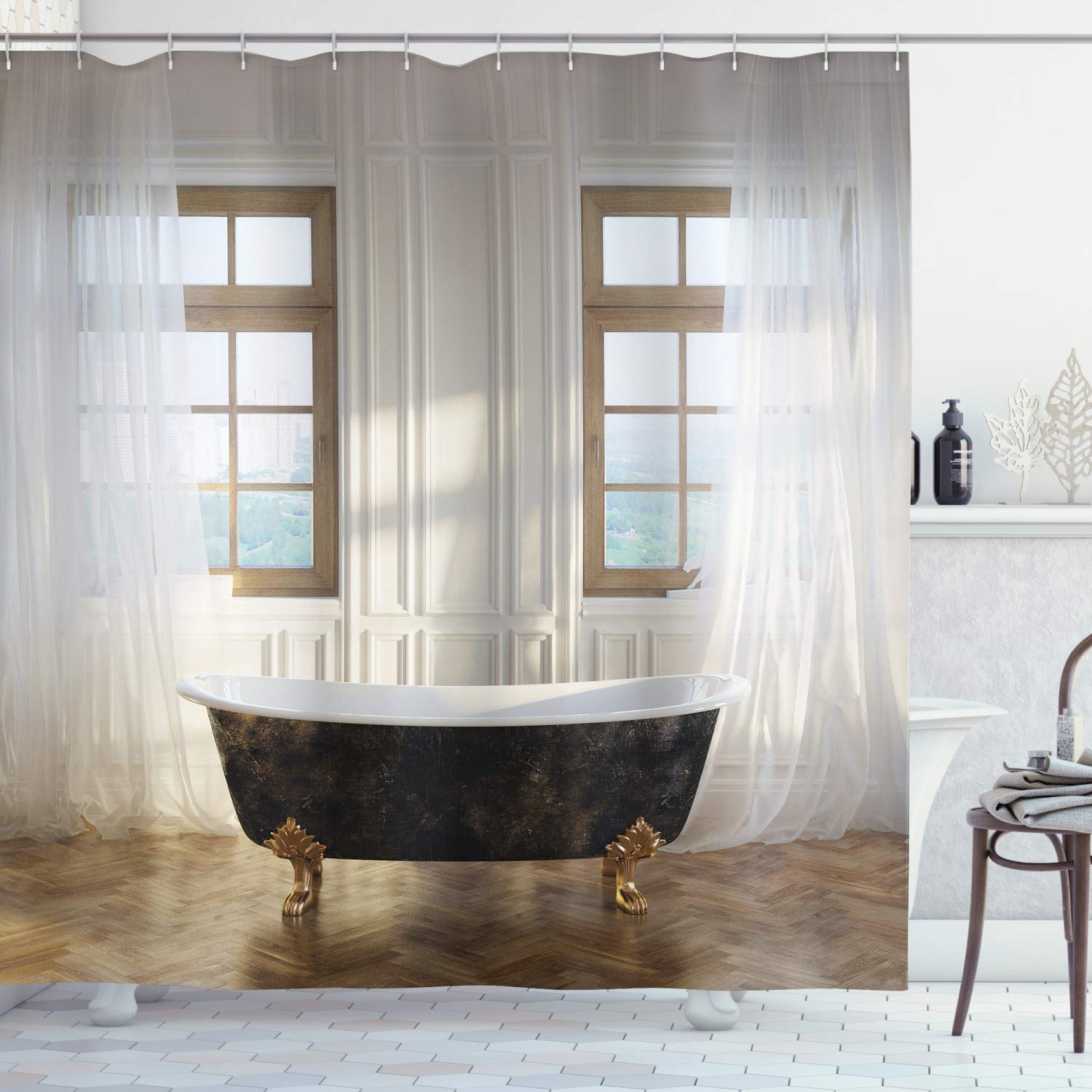 ABAKUHAUS Antique Shower Curtain, Retro Bathtub in Modern Room Interior Hardwood Classics Space Design, Cloth Fabric Bathroom Decor Set with Hooks, 175 x 240 cm, White Black Light Brown