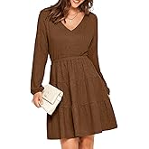 Glamaker Women's Long Sleeve Mini Sweater Dress 2024 Fall Ribbed Knit Dress Casual V Neck Ruffle Flowy Tiered Dresses