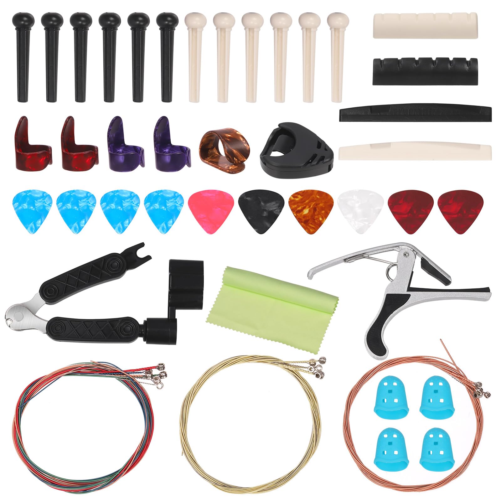Swpeet 57Pcs Guitar Accessory Kit - Includes Picks, Strings, Capo, String Cutter, Bridge Pins, Pick Holder, Bones Saddle & Nut, Finger Tips Protectors for Guitar Players