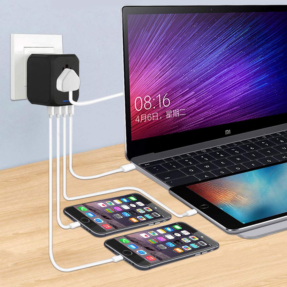 BOLWEO International Travel Adapter with Auto-Reset Fuse, Universal Power Adapters Worldwide US UK EU AU Plug 5A Output, 1 Type C, 3 USB Power Converter AC Outlet Wall Charger (Black)