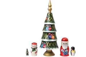 GOLDEN COCKEREL Russian Father Frost Christmas Tree Nesting Doll Penguin Snowman Matryoshka Collectible