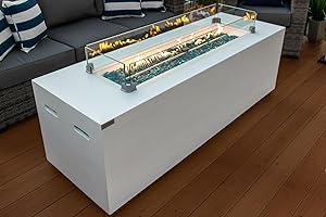 AKOYA OUTDOOR ESSENTIALS 70" Linear Rectangular Modern Concrete Fire Pit Table w/Glass Guard and Crystals (White)