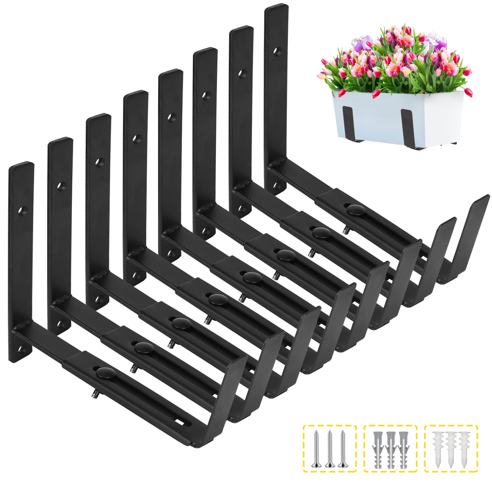 Photo 1 of LukLoy Window Planter Box Brackets, 8 Pack Adjustable Heavy Duty Wall Mount Window Flower Boxes Outdoor with Bracket (6 to 12 in), with 70lbs Capacity, Black