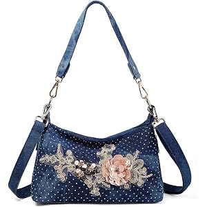 iPinee Denim Handbags for Women Top Handle Jean Purses and Handbags Denim Purse with Rhinestones