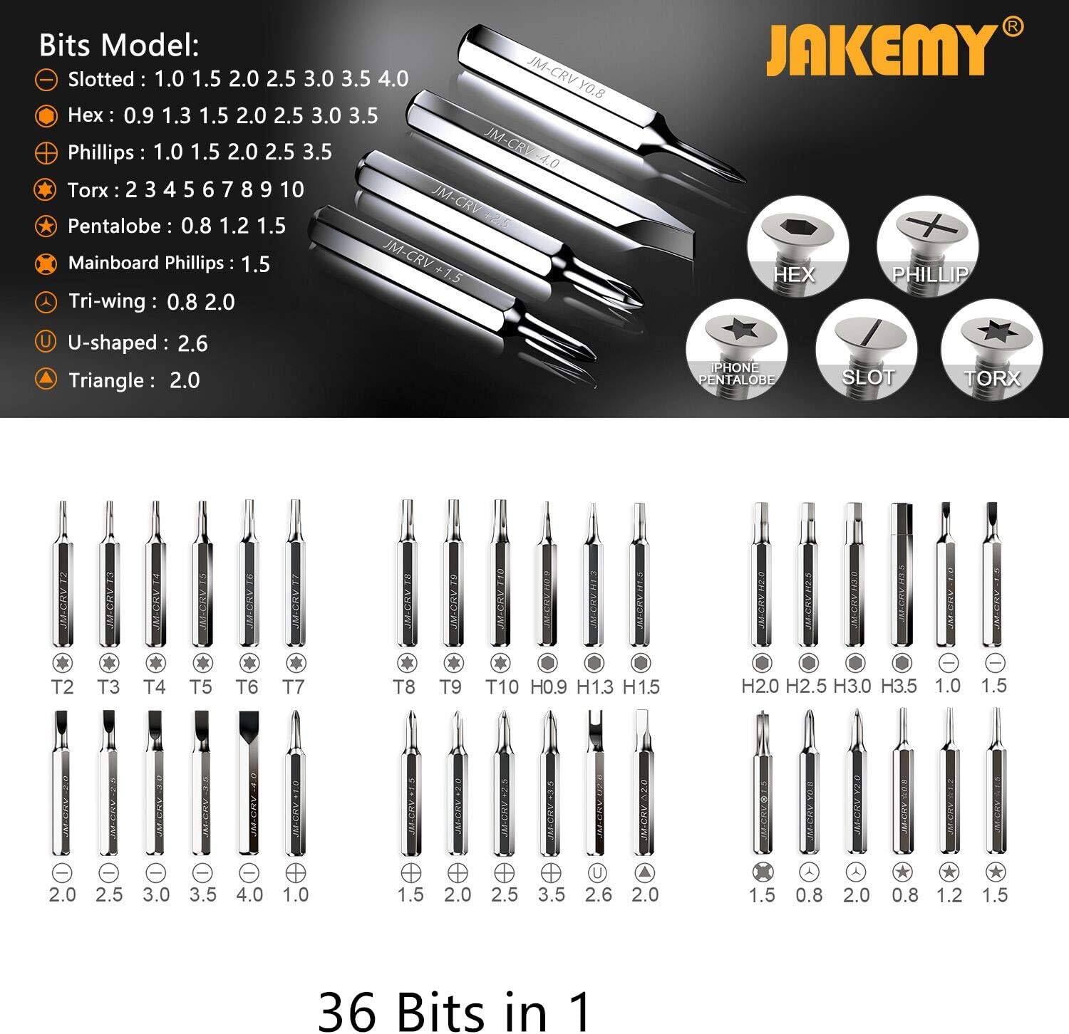 Jakemy 39 in 1 Screwdriver Set Precision Repair Tool Kit with 36 Magnetic Driver Bits Screwdriver Kit for iphone 11/X/8/7 Plus Cell Phone Macbook Laptop PC Black - - 
