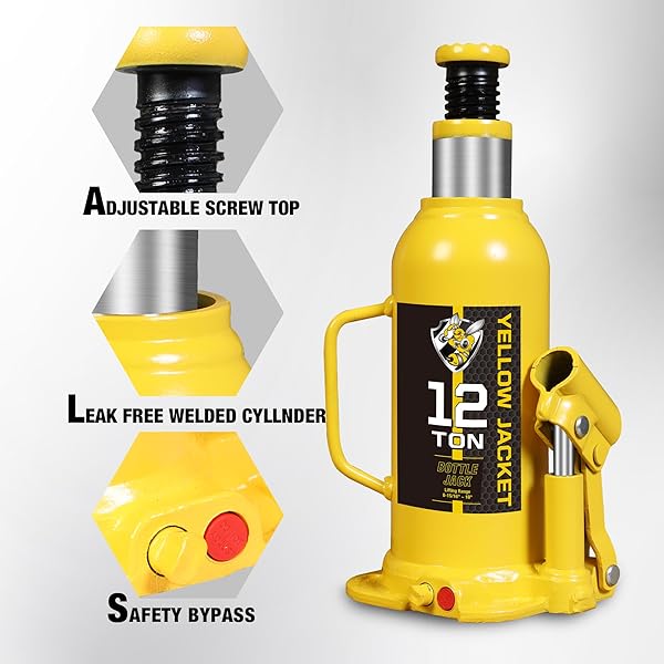 YELLOW JACKET 12 TON MUTI-DIRECTIONAL WELDED BOTTLE JACK (24,000LB), HORIZONTAL BOTTLE JACKS USE FOR CAR, PICKUP, TRUCK, RV, AUTO REPAIR, HYDRAULIC BOTTLE JACK, YELLOW
