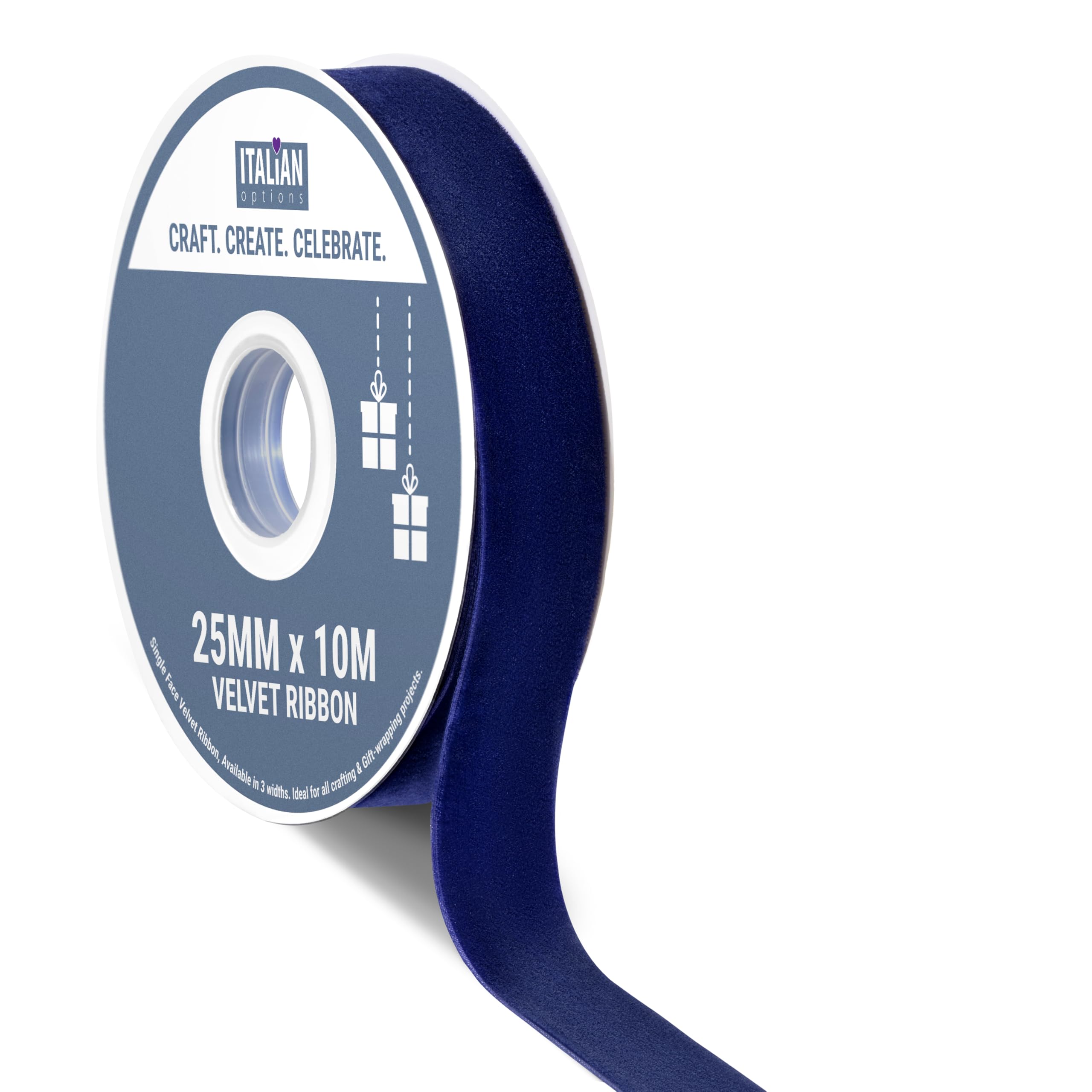 Italian Options Velvet Ribbon, Luxury, Single-Face Velvet Ribbon for Crafting, Christmas, Bows, Hair, Cakes, Weddings, Ornaments, Gift Wrapping, Flowers, 25mm x 10 Metre Roll, Navy — image 1