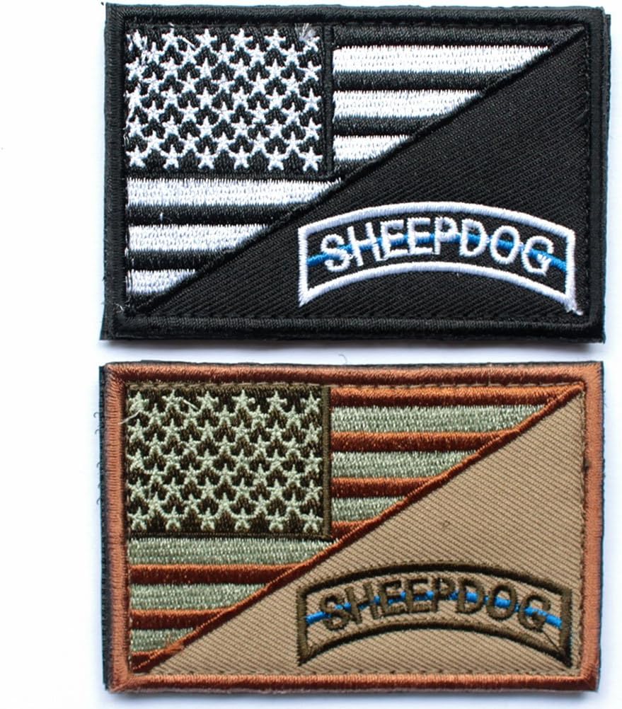 2pcs Bundle - Sheepdog police law enforcement thin blue line Tactical Morale Patch with Velcro backing Decorative Embroidered Badge (Black & Brown)