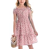Poploli Girls Summer Dress Kids Floral Square Neck Puff Sleeve A-Line Midi Dresses