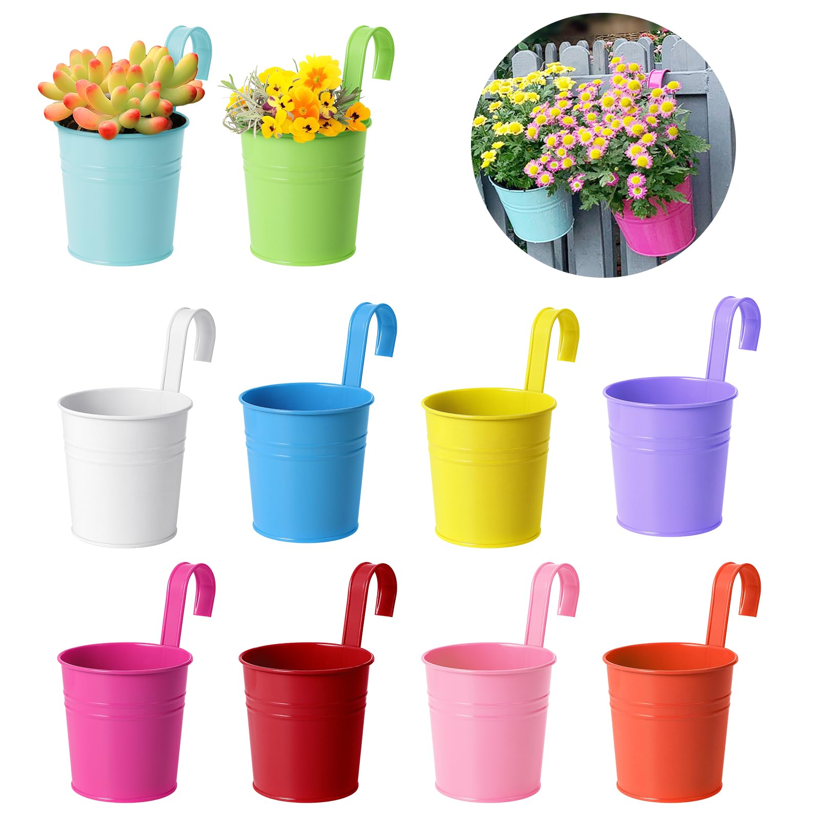 eROOSY 10PCS Colourful Metal Hanging Flower Pots with Detachable Hook, Balcony Flower Bucket Wall Planter Garden Planters, Metal Hanging Flower Pots With Drainage Hole for Balcony Fence Home Decor