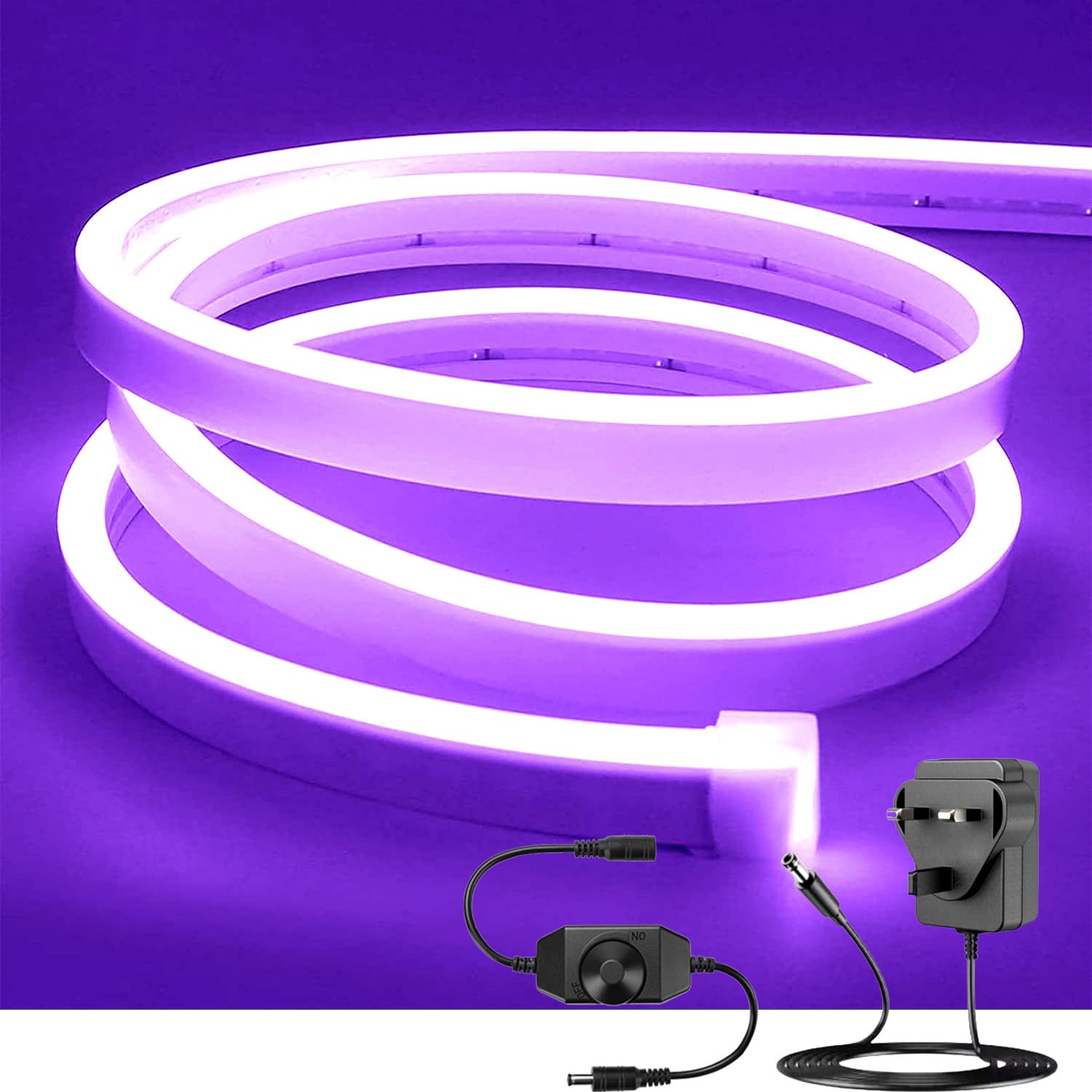 ShineBurky Neon Led Strip Light Purple, 16.4ft/5m Dimmable Flexible LED Rope Lights with Adapter and Dimmer, Waterproof Silicone Led Strips for Bedroom Kitchen Indoor Outdoor Decoration — image 1