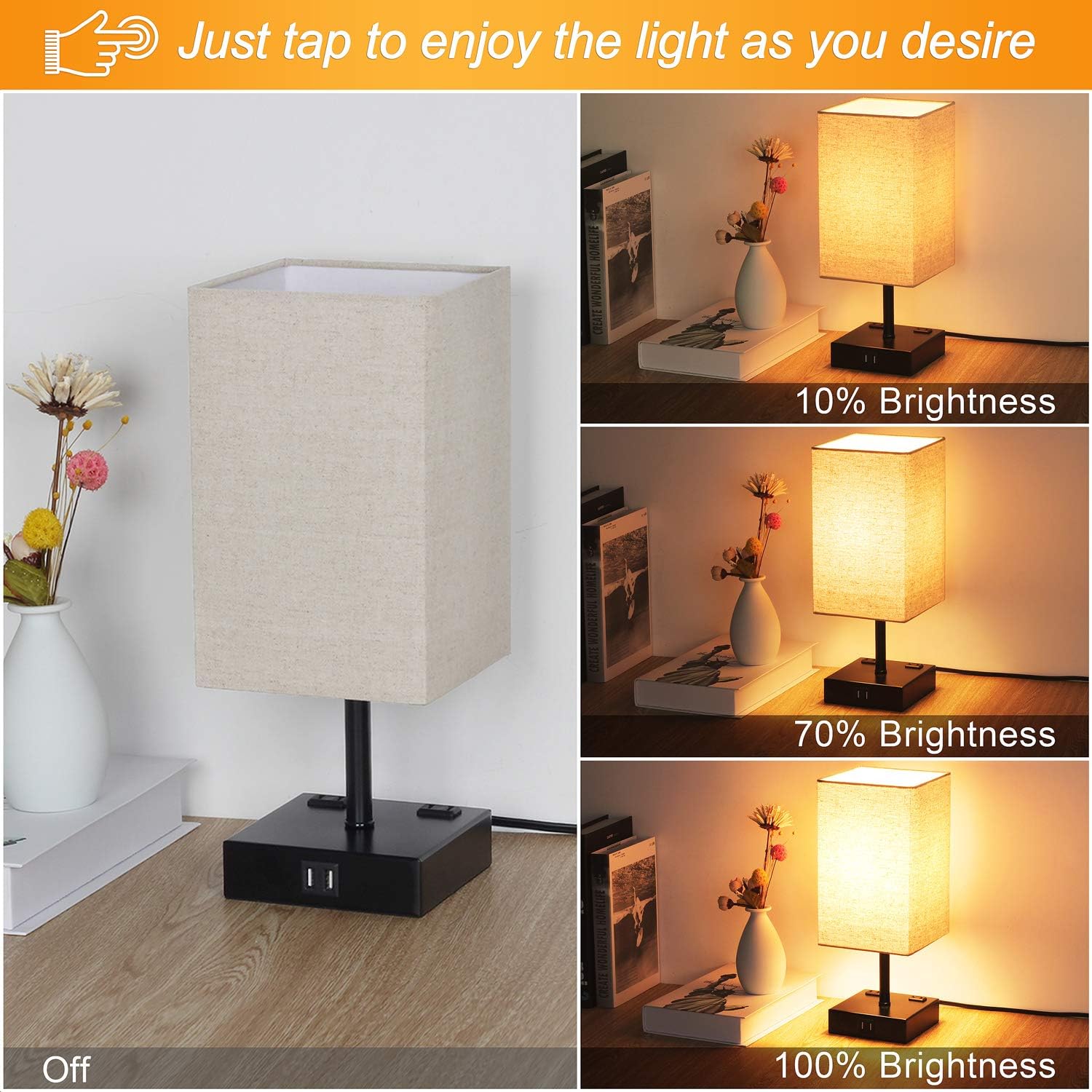 3 Way Dimmable Touch Control Table Lamp, Modern Bedside Desk Lamp with 2 Fast USB Charging Ports 2 AC Outlets, Nightstand Lamp for Bedroom Living Room Office, 60W LED Bulb Included, Black Base: Home Improvement