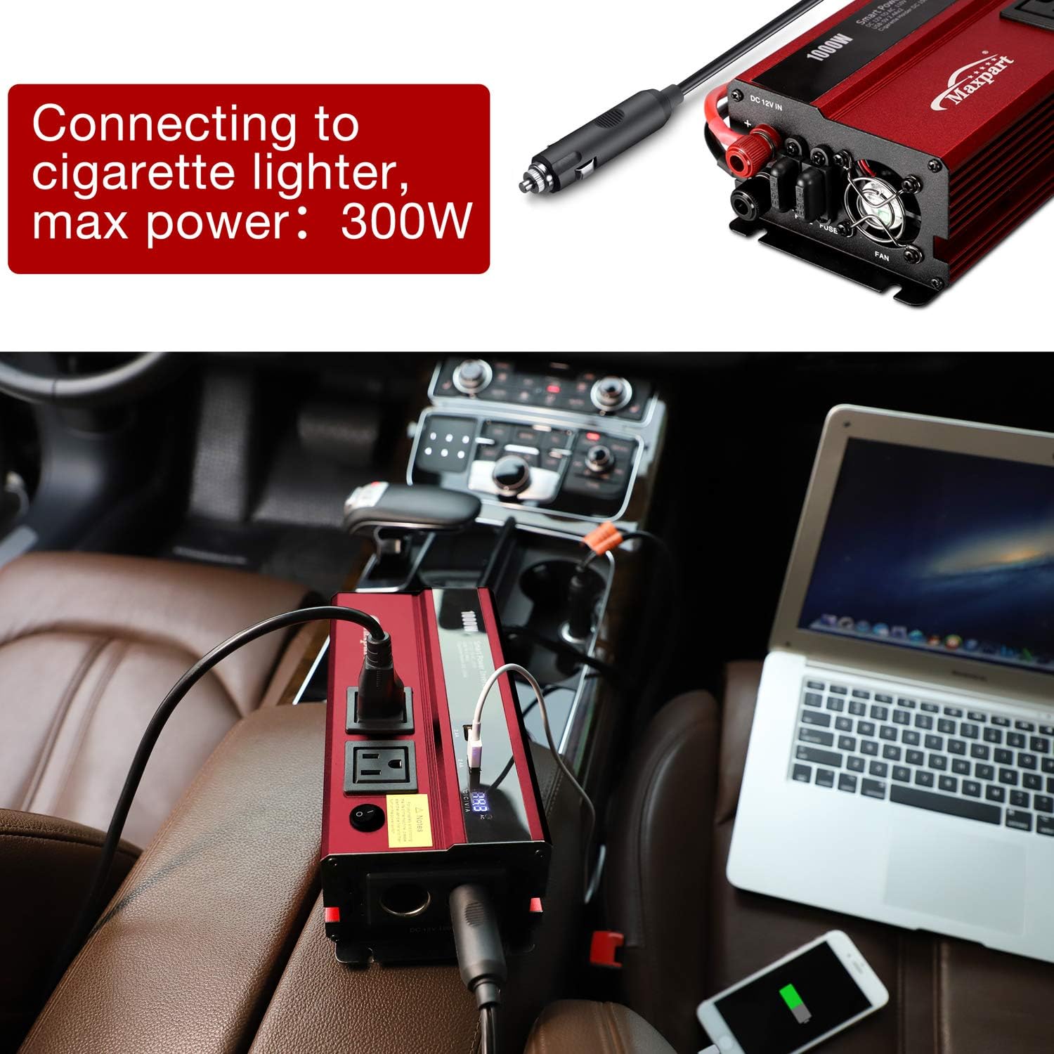 Maxpart 1000W Power Inverter Truck/RV Inverter 12V DC to 110V AC Converter with Dual AC Outlets 2.4A USB and Dual 12V Car Cigarette Lighter Modified Wave Inverter: Car Electronics