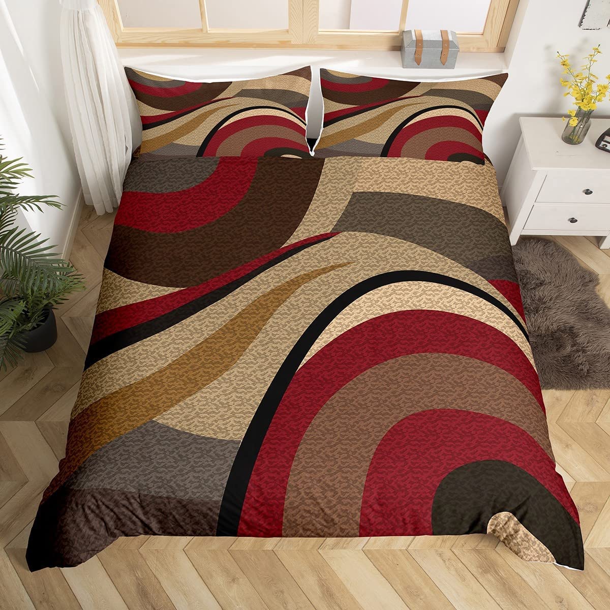 Print Comforter Cover Abstract Art Simple Style Bedding Set for Boys Girls Children Red Yellow Brown Black Duvet Cover Modern Design Double Size Quilt Cover 3Pcs