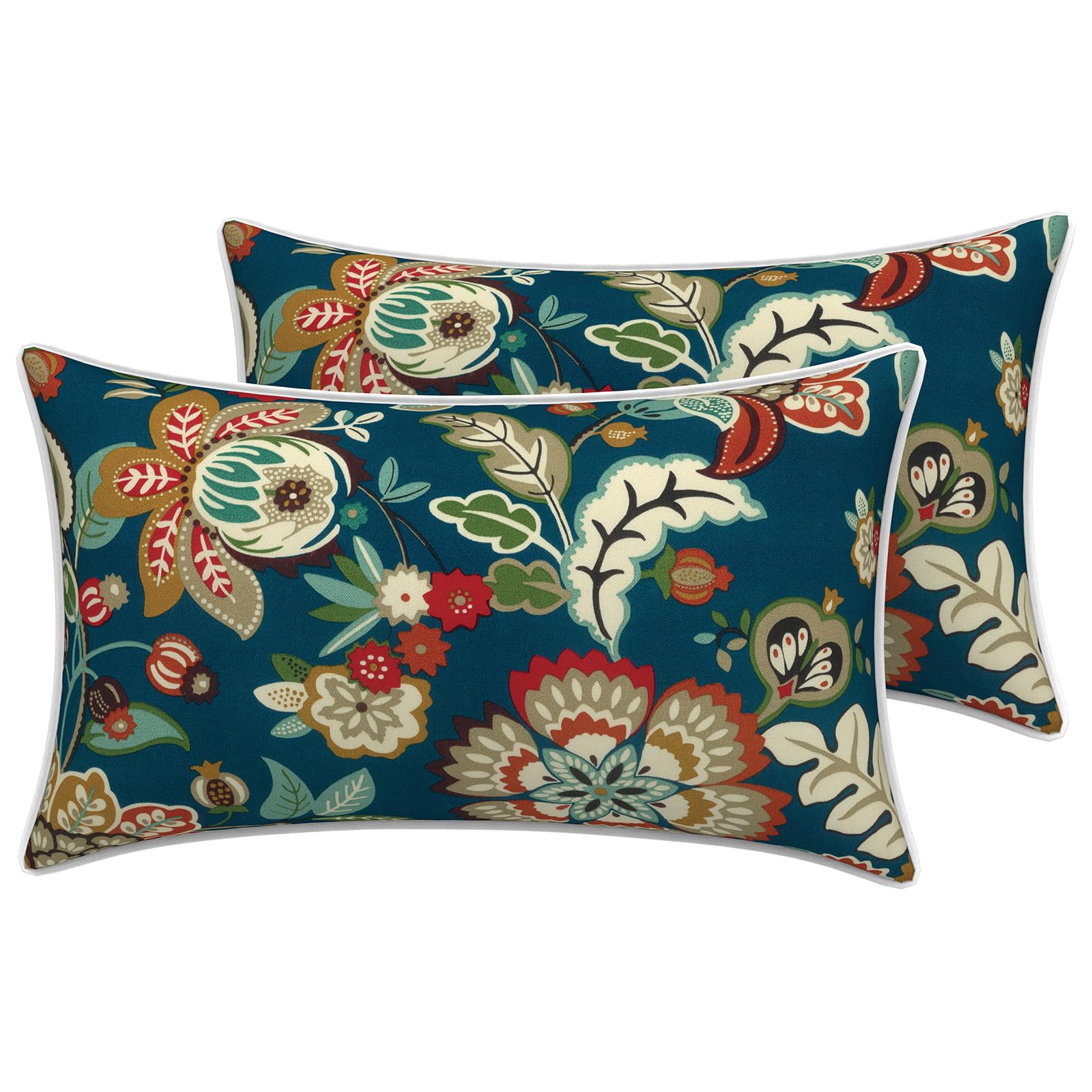 Photo 1 of LVTXIII Outdoor Lumbar Pillow Covers 12"x20", Covers ONLY, 2 Pack 30x50cm Lumbar Cushion Cover with White Piping for Home Patio Garden Sofa Bench, Peacock Blue