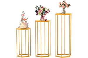 Lynxor Hexagon Pedestal Stand Cylinder Stands for Party, 3Pcs Gold Metal Columns Plant Stand Tables for Weddings Cake Pedestal Stand Floor Plant Tables Geometric Display Rack