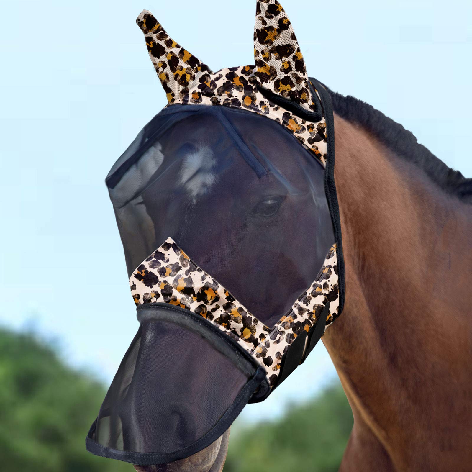Harrison Howard LumiVista Horse Fly Mask Long Nose with Ears UV Protection for Horse-Leopard Print Full Size