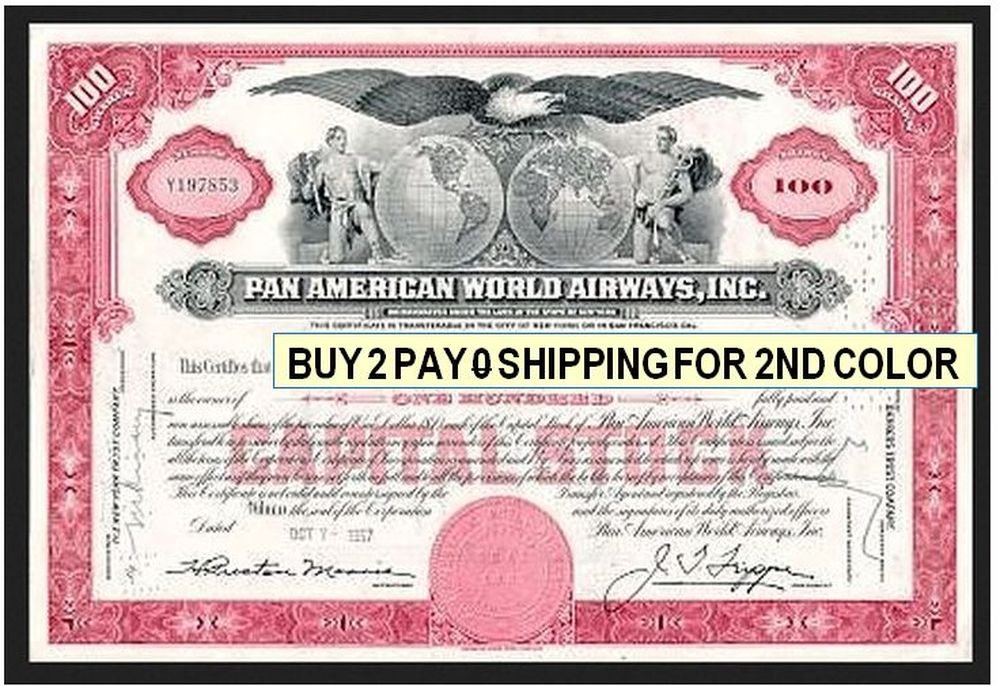 1960 RARE ORIGINAL PAN AM STOCK CERTIFICATE! BUY 2, GET 2 COLORS w NO