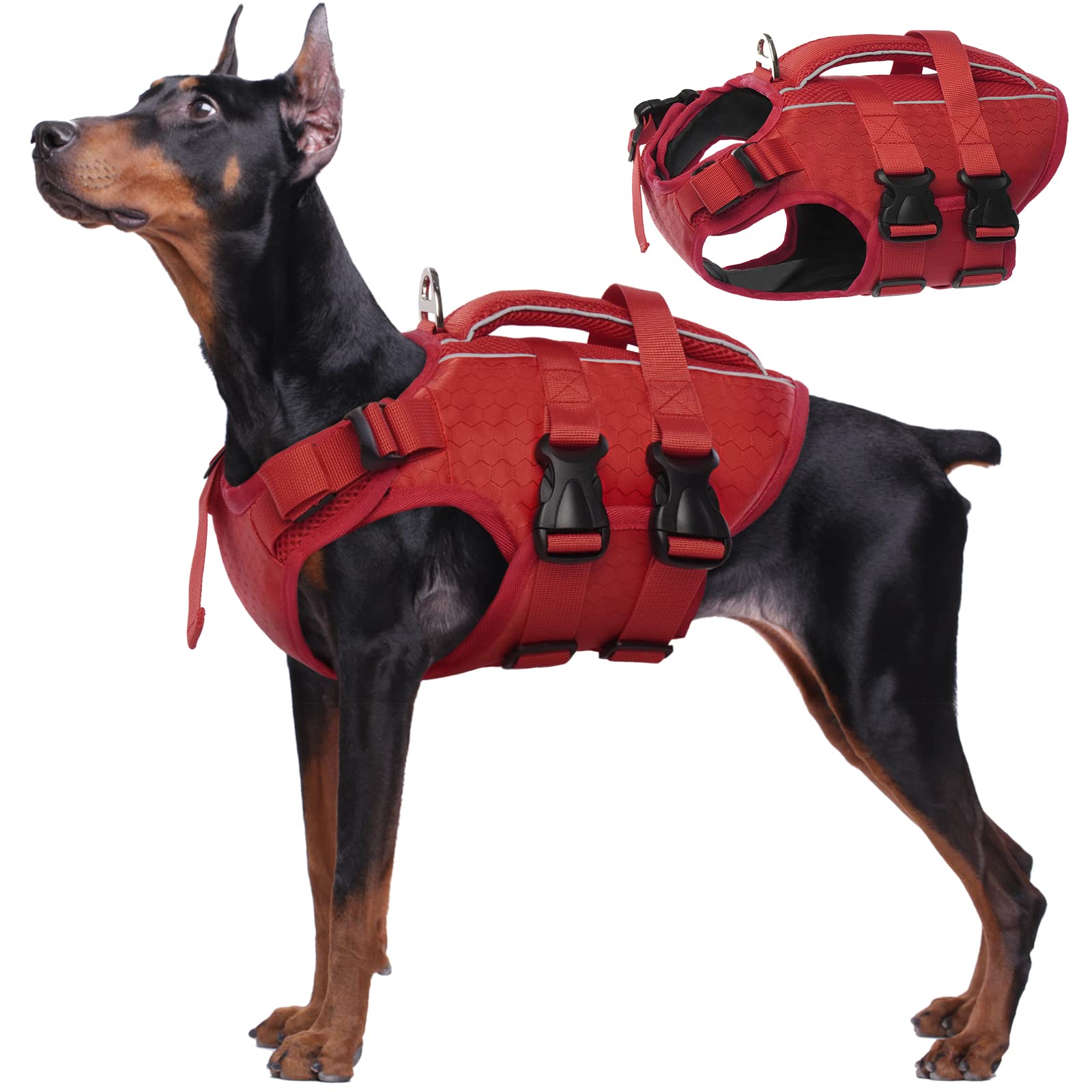 Kuoser L Dog Life Jackets for Small Medium Large Dogs, Adjustable High Visibility Jacket with Rescue Handle, Ripstop Flotation Vest Pet Lifesaver Puppy Swimsuits Swimming Pool Red